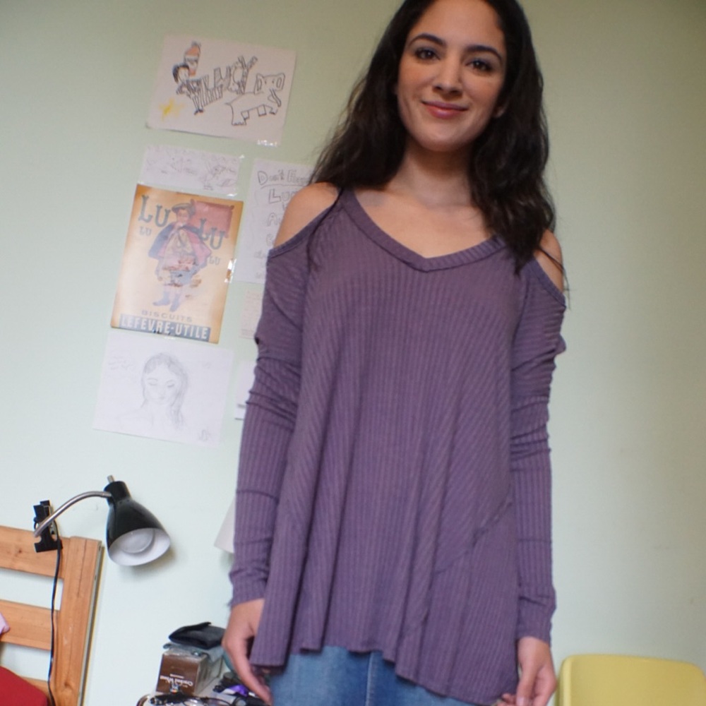Purple off the shoulder loose fitting shirt (m)